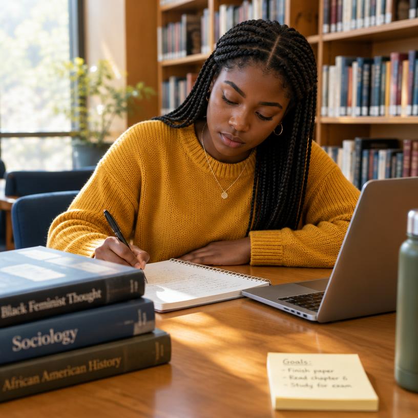 Scholar writing at a library desk